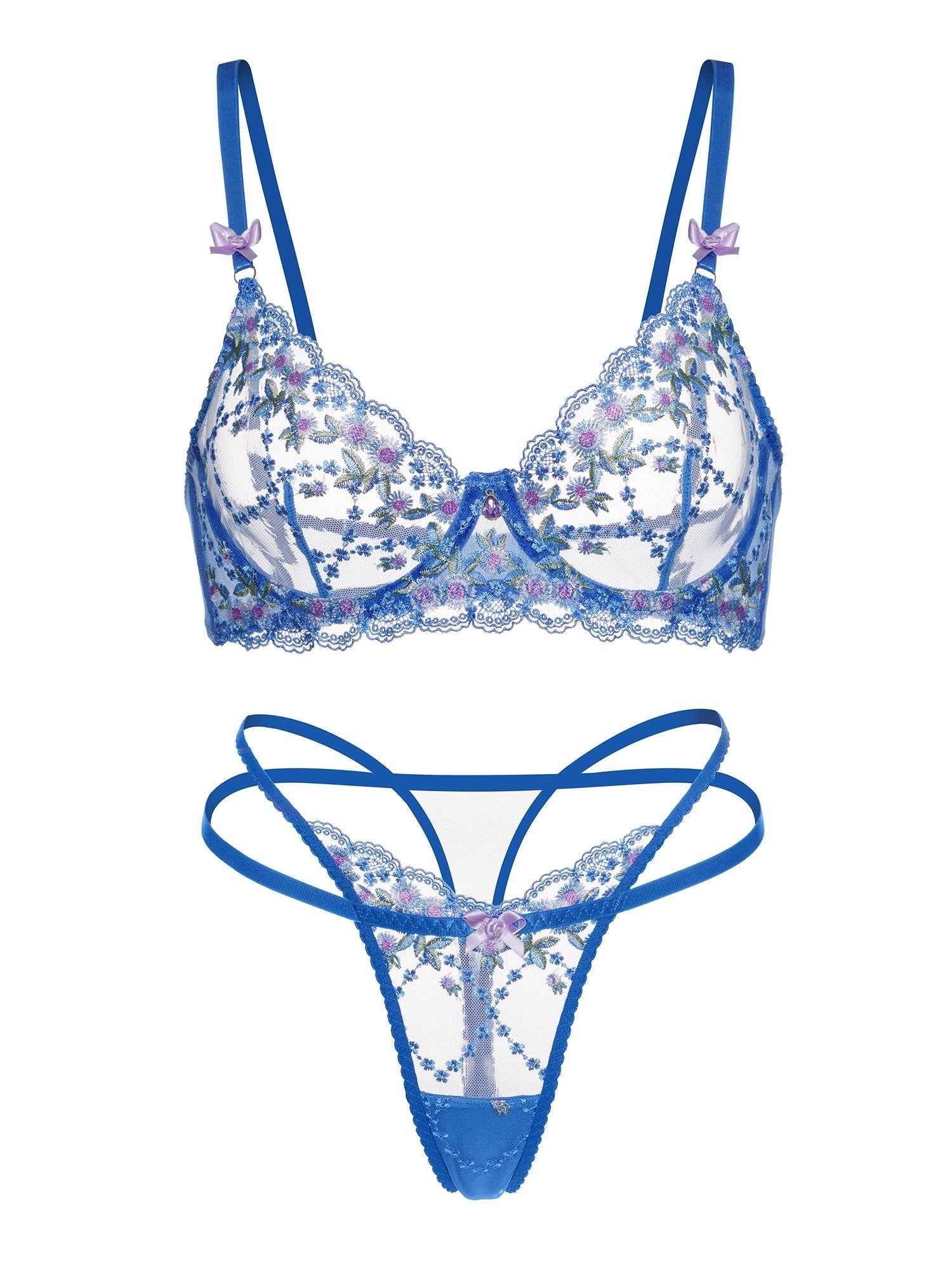 Blue Nautical Nights Blossom lingerie set by Lumina Wear, featuring a supportive bra and matching panties, displayed on a flat lay.