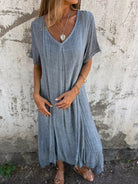 Blue NIA Maxi-dress by Lumina Vancouver, flowing design, perfect for casual or summer wear, almost sold out.