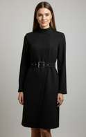Black Nina asymmetric belted A-line midi dress by Lumina Wear, shown on a model. Elegant, flowy dress with a stylish belt detail.