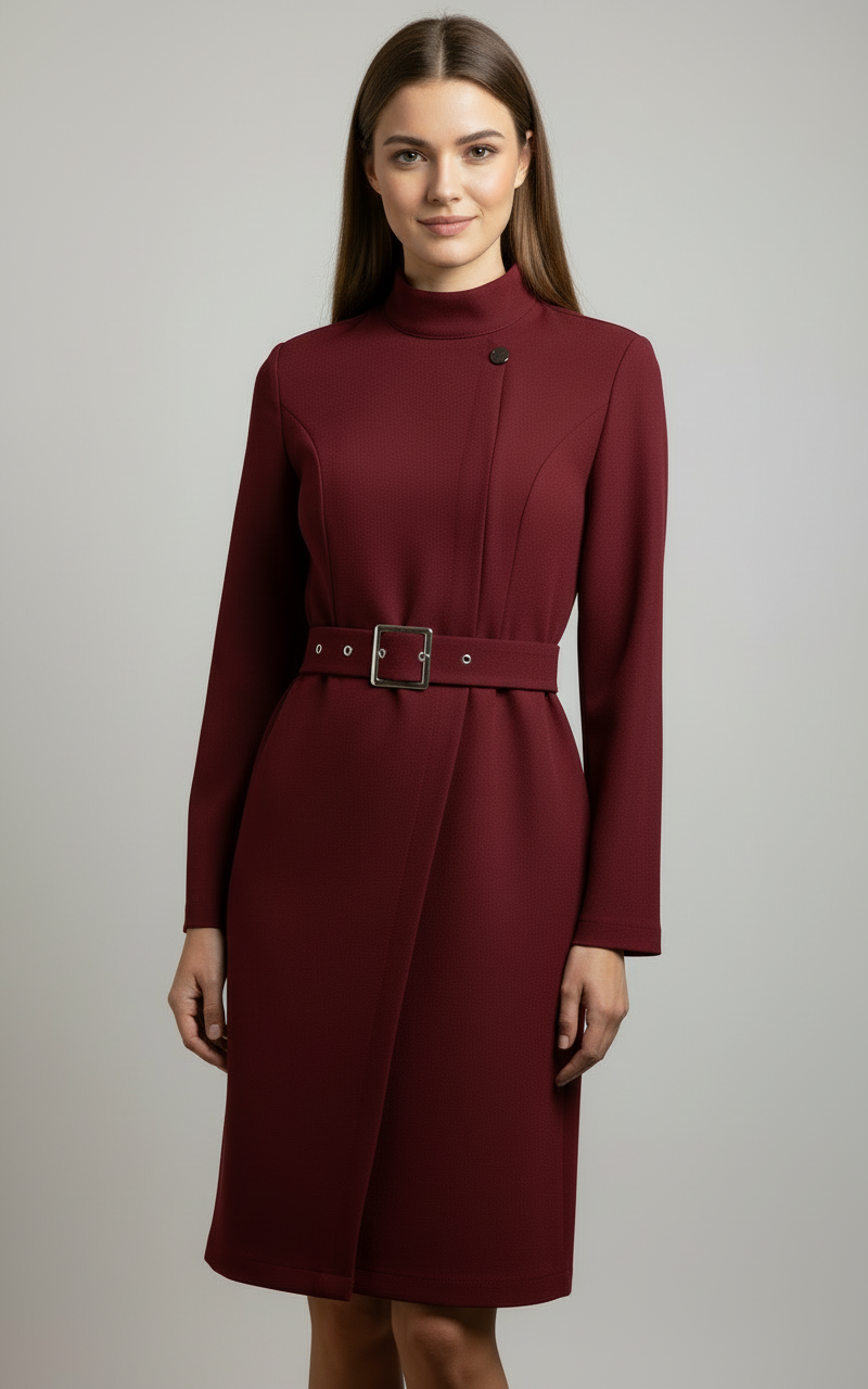 Black Nina asymmetrical belted A-line midi dress by Lumina Vancouver, shown on a model with a fitted waist and flowing skirt.