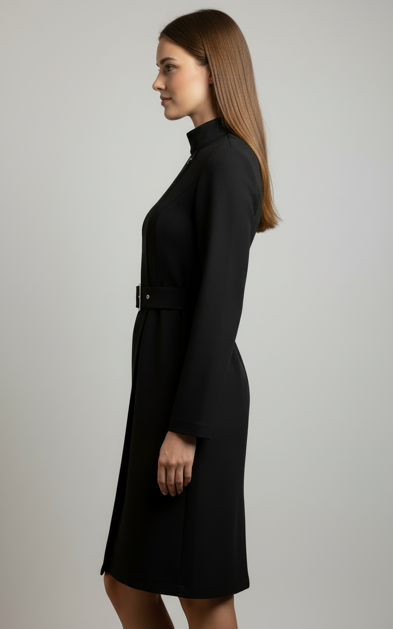 Black Nina Asymmetric Belted A-Line Midi Dress by Lumina Vancouver, featuring a stylish silhouette and elegant design.