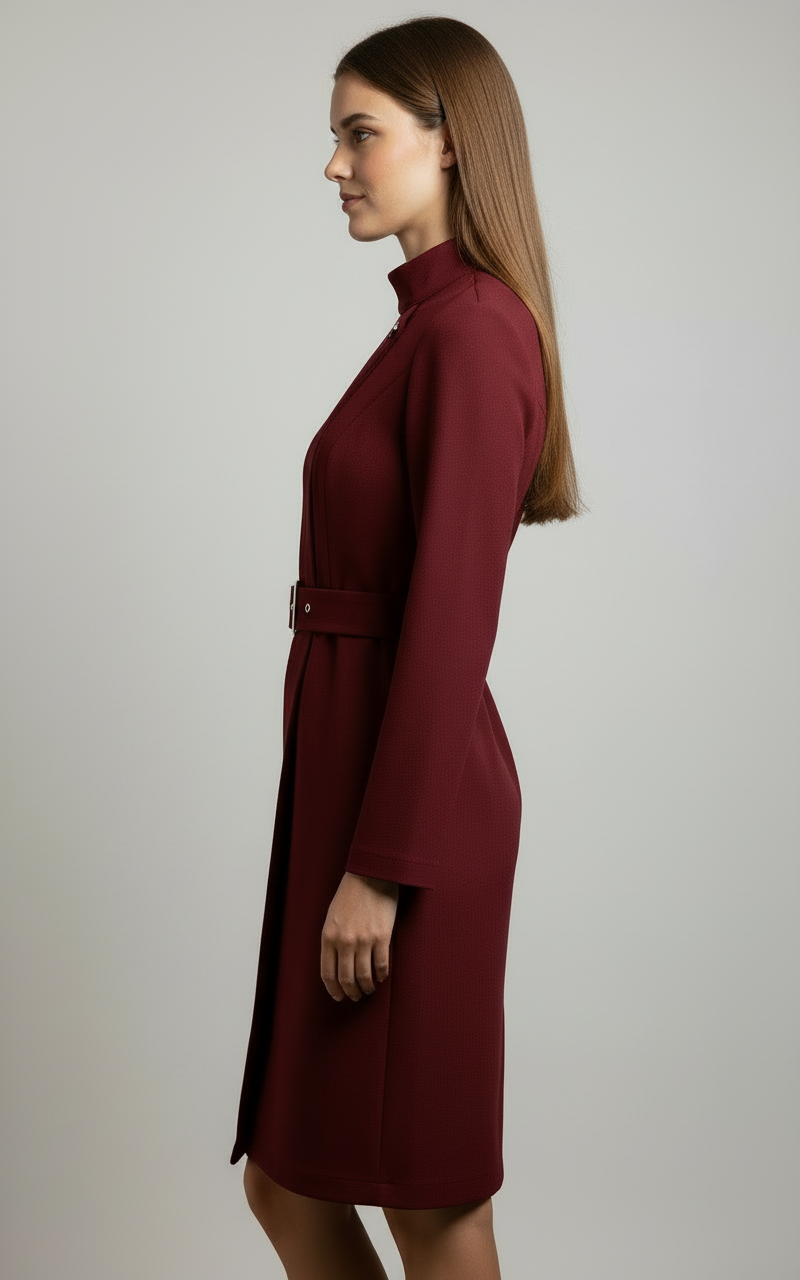 Black Nina asymmetric belted A-line midi dress by Lumina Vancouver, shown on a model, featuring a stylish waist belt and elegant silhouette.