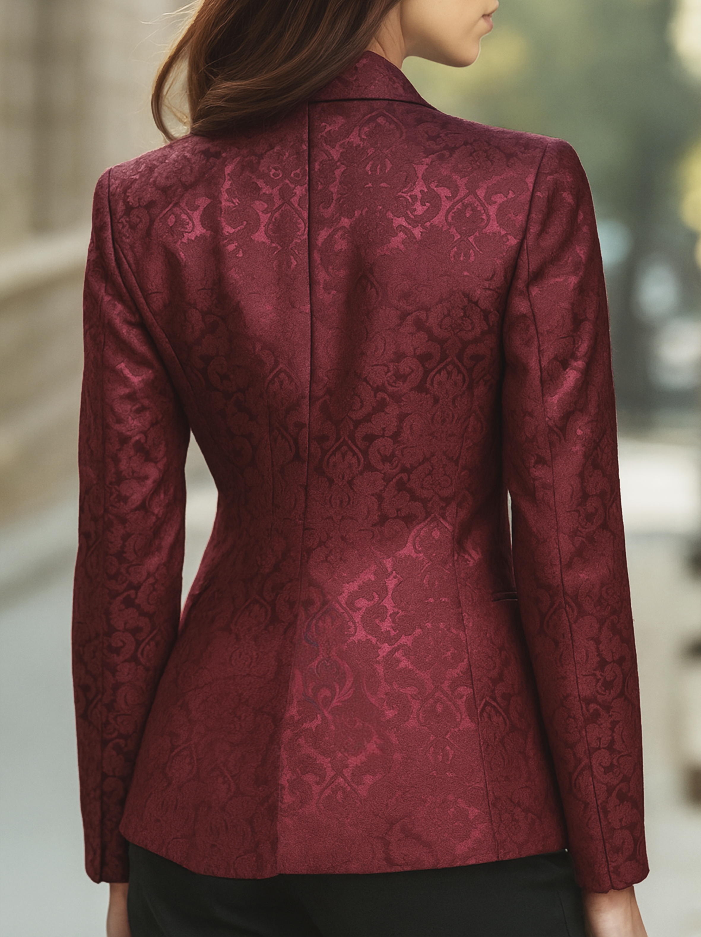 Burgundy Jacquard Satin Blazer by Lumina Wear, tailored fit with elegant textured pattern, styled for formal or chic occasions.