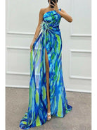 Noemi Vibrant Maxi Dress in blue by Lumina Vancouver, perfect for wedding guests, flowing fabric and elegant design.