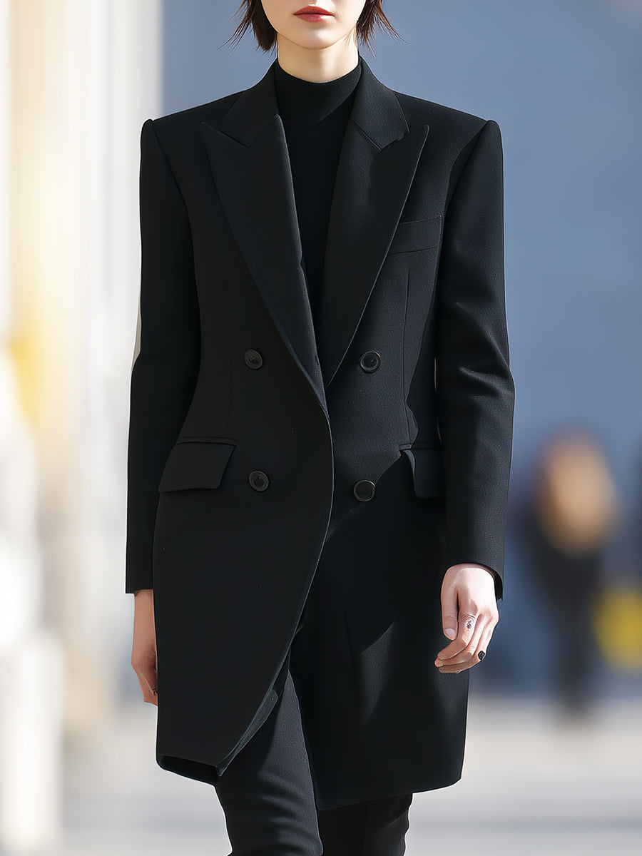 Black Lumina Vancouver double-breasted blazer with peak lapel, tailored fit, and sculpted design in size XS.