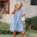 Blue Lumina Nova A-line mini dress with V-neck and short sleeves, stylish and comfortable for casual or semi-formal wear.