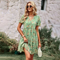 Blue Lumina Wear Nova A-Line V-Neck Mini Dress with short sleeves, casual and stylish for warm weather.