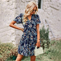 Blue Nova Lumina A-Line mini dress with V-neck and short sleeves, stylish and casual for everyday wear.