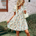 Lumina Wear Nova A-Line Mini Dress with V-Neck and short sleeves in blue, perfect for casual or semi-formal occasions.