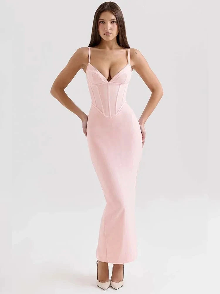 Pink Rosamond bodycon dress with corset bodice by Lumina Vancouver, fitted silhouette, stylish evening wear for special occasions.