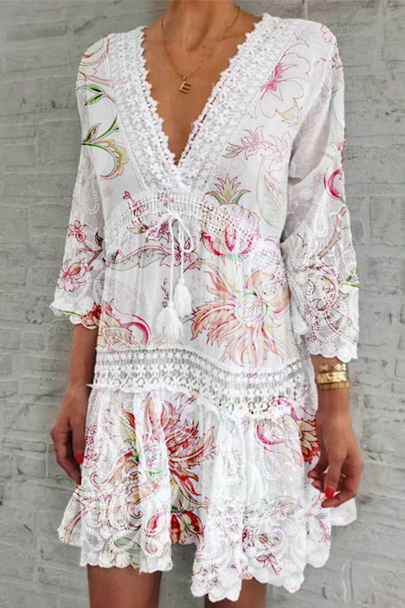 Women's Boho Dress - Deep V-Neck Crochet Lace - Bell Sleeve Flowy Tiered Hem by Lumina Vancouver
