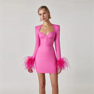 Women's Cocktail Dress - Sweetheart Neckline - Long Sleeve Feather Trim - Mini Length by Lumina Vancouver