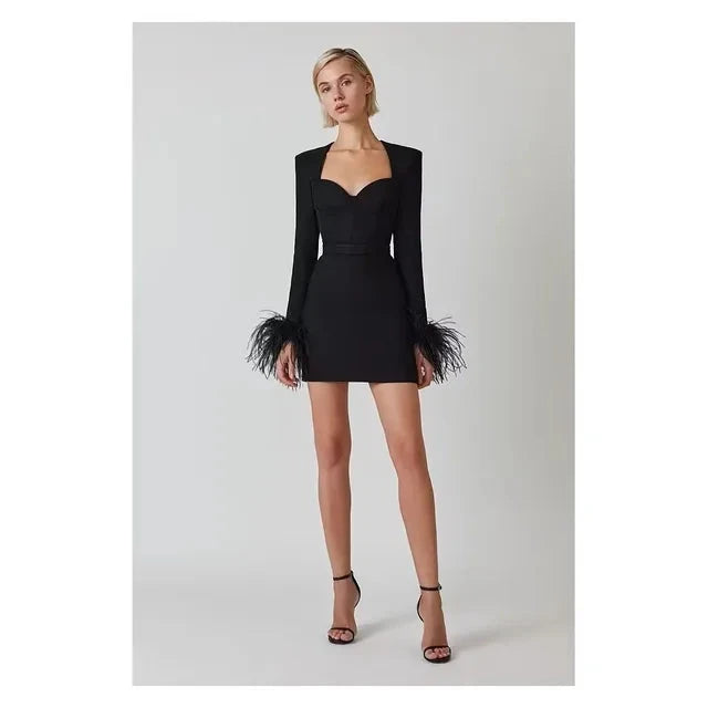 Women's Cocktail Dress - Sweetheart Neckline - Long Sleeve Feather Trim - Mini Length by Lumina Vancouver