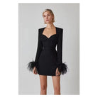 Women's Cocktail Dress - Sweetheart Neckline - Long Sleeve Feather Trim - Mini Length by Lumina Vancouver