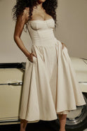 Pink Nova Corset Dress with sweetheart neckline, midi length, from Lumina Wear, featuring fitted bodice and elegant design.