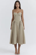 Pink Nova corset midi dress with sweetheart neckline from Lumina Wear, featuring fitted bodice and elegant style.