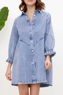 Pink Nova denim button-down shirt dress by Lumina Wear, styled with long sleeves and a relaxed fit.