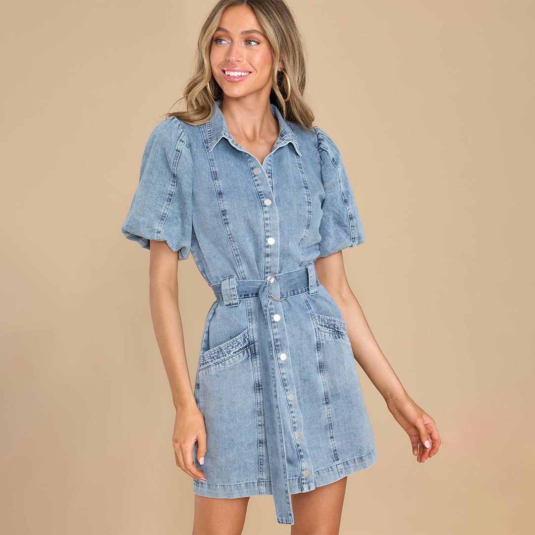 Women's Denim Shirt Dress - Short Puff Sleeves - Button-Down - Belted Waist - Mini Length - Front Pockets by Lumina Vancouver