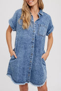 Wisteria denim shirt dress by Lumina Wear in Vancouver blue, relaxed fit, long sleeves, and button-front design.