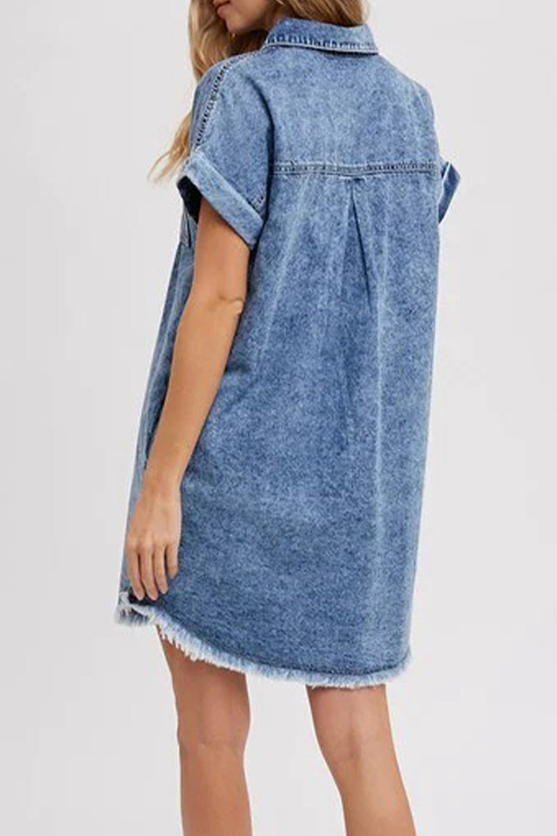 Blue Wisteria denim shirt dress by Lumina Wear featuring a relaxed fit, casual style, and button-down front.