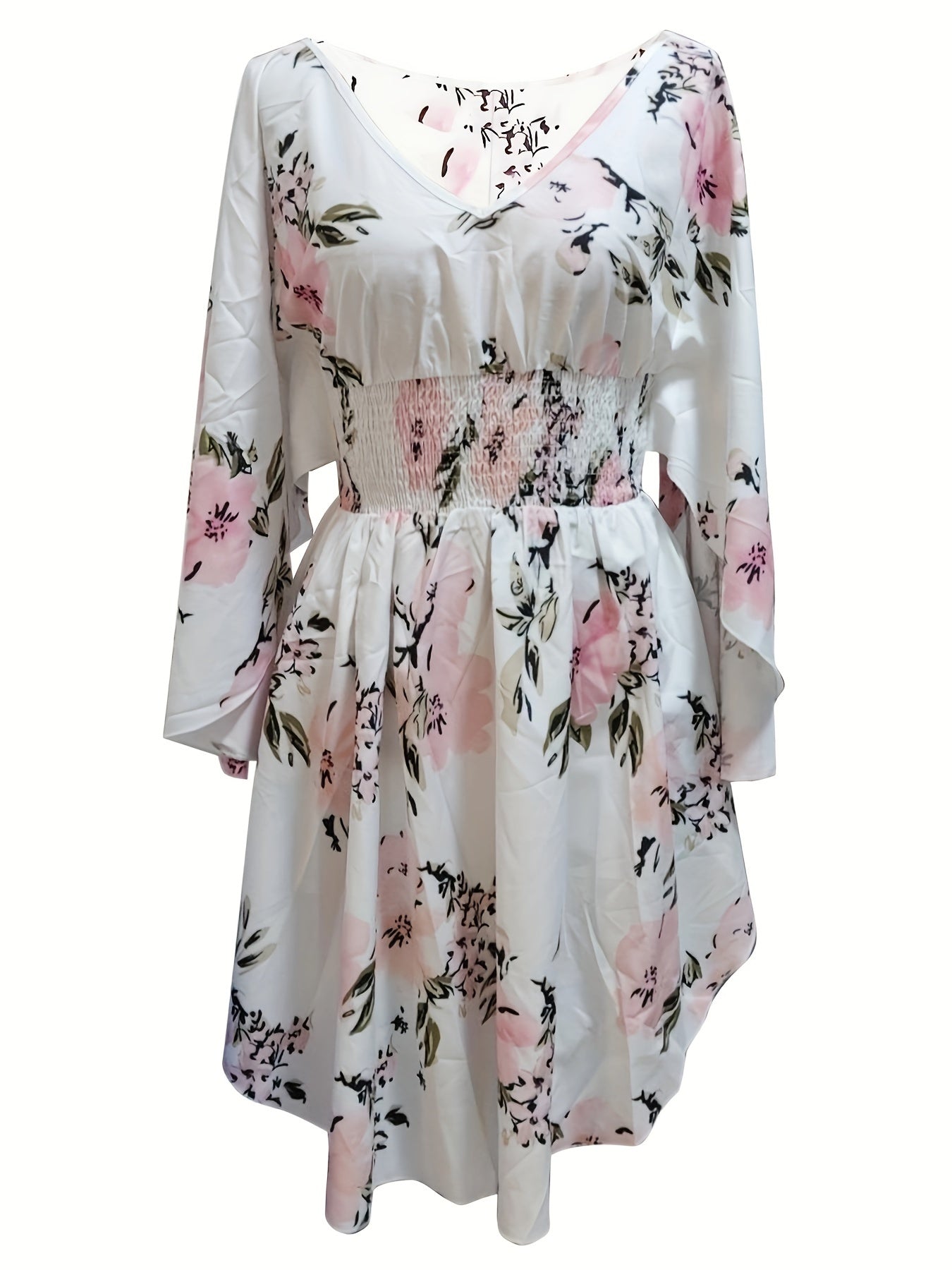 Women's Floral Print Dress - V-Neck - Long Sleeve - Smocked Waist - Ruffle Hem by Lumina Vancouver