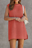 Apricot sleeveless knitted sweater dress by Lumina Wear, mini length, styled on a model.
