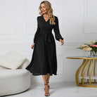 Nova | Long-Sleeved V-Neck Pleated Dress - Lumina Vancouver - Lumina Vancouver