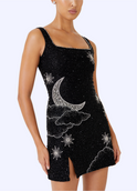 Black Nova mini dress with square neckline by Lumina Wear, perfect for evening occasions, shown on a model.