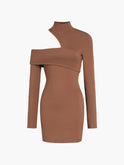 Black Nova off-shoulder bodycon mini dress by Lumina Wear, fitted style with long sleeves and stylish neckline.