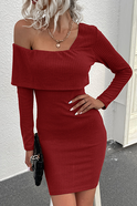 Burnt burgundy Nova off-shoulder bodycon mini dress by Lumina Wear, form-fitting with long sleeves and a stylish off-shoulder neckline.