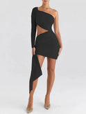 Black Nova one-shoulder bodycon mini dress by Lumina Wear, shown on a mannequin, highlighting sleek fit and stylish design.