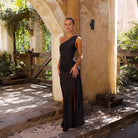 Pink one-shoulder satin mini dress by Lumina Vancouver, slim fit design, stylish for elegant occasions.