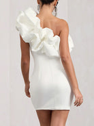 White Sabine one-shoulder satin mini dress by Lumina Vancouver, featuring sleek design and elegant fit.
