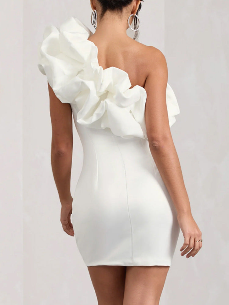 White Sabine one-shoulder satin mini dress by Lumina Vancouver, featuring sleek design and elegant fit.