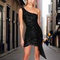 Black Nova one-shoulder sequin mini dress by Lumina Wear, featuring shimmering sequins and a stylish, fitted design.