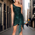 Black Nova one-shoulder sequin mini dress by Lumina Wear, featuring a fitted silhouette and shimmering sequins.