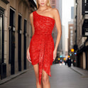 Black Nova one-shoulder sequin mini dress by Lumina Wear, featuring shimmering sequins and elegant design.