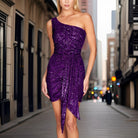Women's One-Shoulder Sequin Dress - Fitted Silhouette - Draped Wrap Design - Evening Wear by Lumina Vancouver