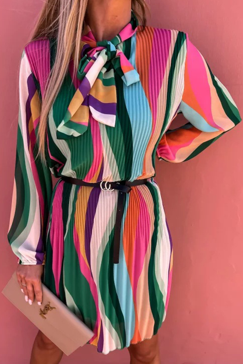 Women's Pleated Dress - Elegant Striped Design - Long Sleeve Bow Tie Neck by Lumina Vancouver