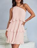 White Nova Pleated One-Shoulder Mini Dress by Lumina Wear, shown on a mannequin with elegant draping and a stylish silhouette.