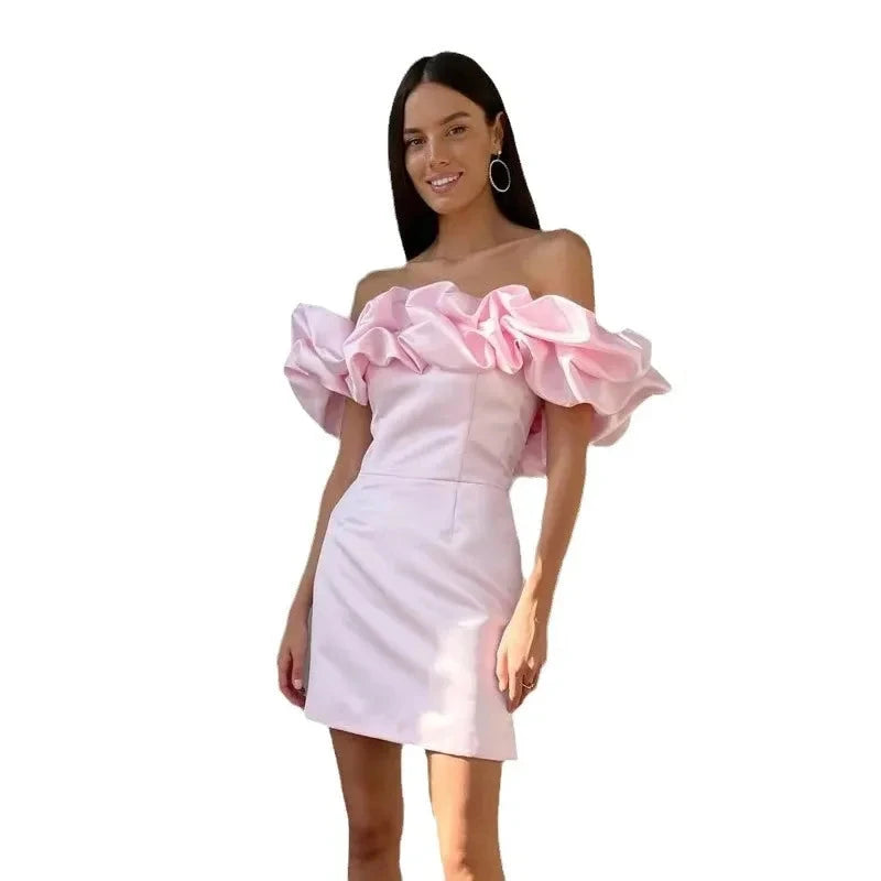 Purple satin mini dress by Lumina Vancouver featuring off-shoulder design, shown on a model with a fitted silhouette.