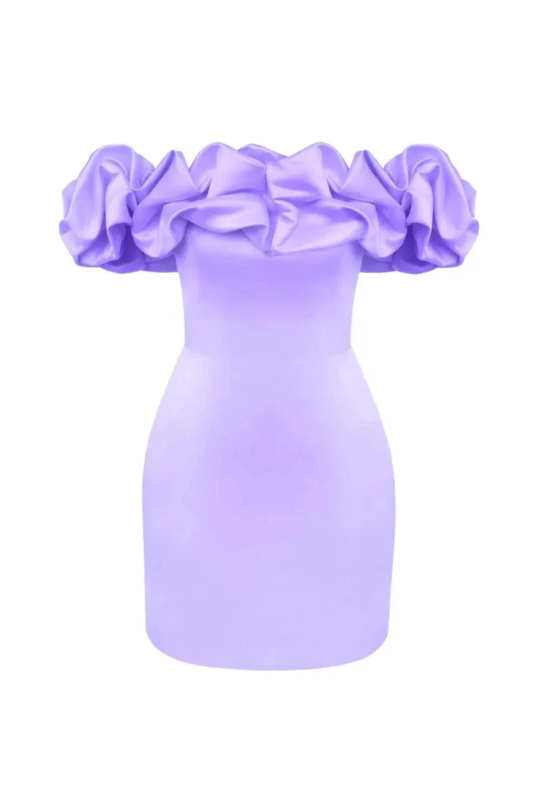 Purple satin mini dress by Lumina Wear with off-shoulder design, showcased on a model, perfect for elegant evening looks.