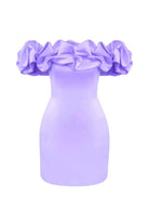 Purple satin mini dress by Lumina Vancouver featuring an off-shoulder design, shown on a model in this image.