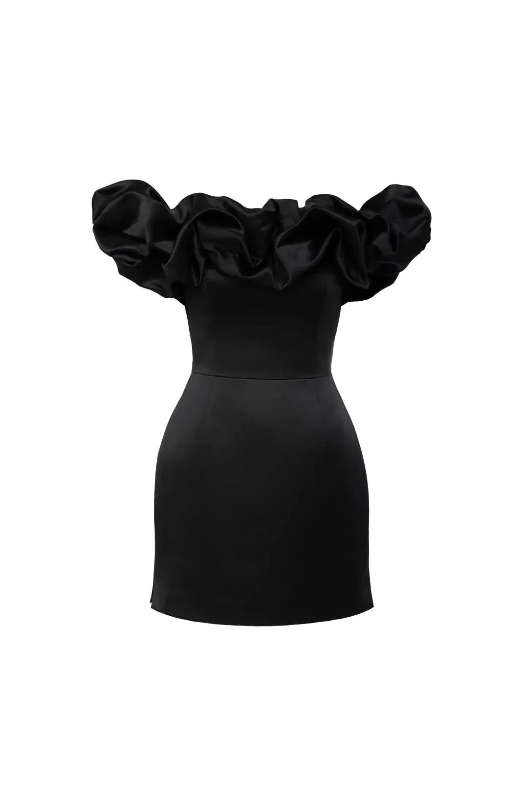 Purple satin mini dress by Lumina Vancouver featuring an off-shoulder design, shown on a model.