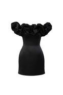 Lumina Wear Zaria satin mini dress, off-shoulder style in purple, fitted design perfect for stylish occasions.