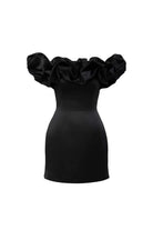 Purple satin mini dress by Lumina Vancouver featuring an off-shoulder design, shown on a model.
