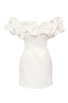 Purple satin off-shoulder mini dress by Lumina Vancouver, featuring a fitted silhouette and elegant design.