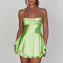 Lumina Wear Aine satin mini dress with cowl neck in green, stylish and elegant for evening wear.