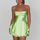 Lumina Vancouver Aine satin mini dress with cowl neck in vibrant green, stylish and elegant for special occasions.