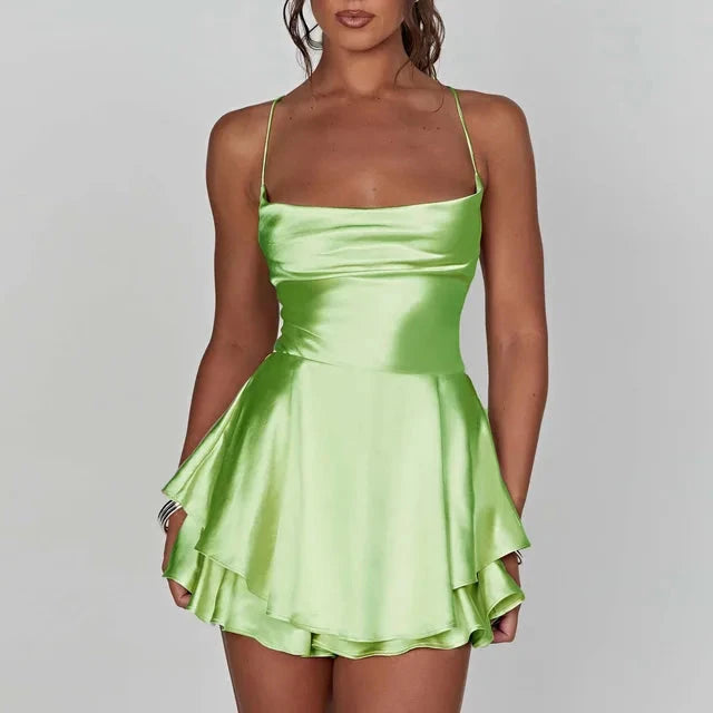 Lumina Vancouver Aine satin mini dress with cowl neck in vibrant green, stylish and elegant for special occasions.